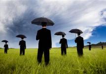 People in field with umbrellas approaching a storm