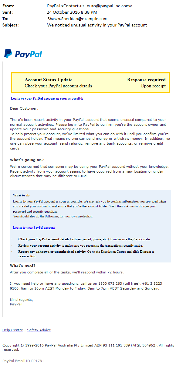 PayPal phishing eMail